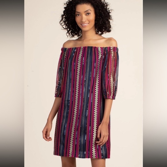 Trina Turk Johanna Embroidered Sequin Mini Off the Shoulder Dress Size 4 NWT - Picture 2 of 8